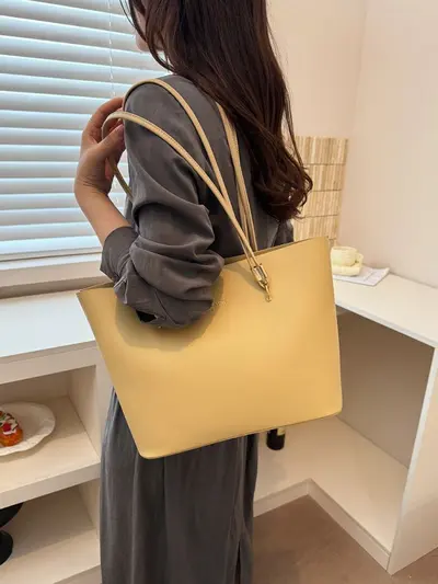 Large Solid Color Tote Bag with Single Shoulder Strap - 3