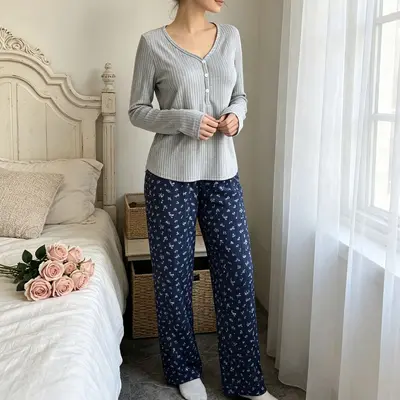 Kadın Triko Pijama Takımı, Uzun Kollu Üst ve Uzun Pantolon