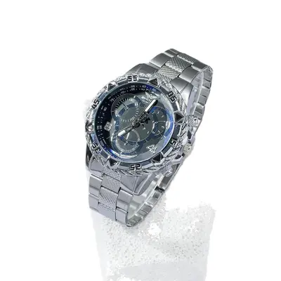 Men's quartz watch set, large dial, steel band, 4-piece