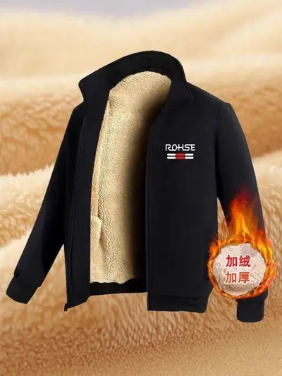 Herren-Übergrößen-Jacke mit Lammfell-Futter, Stehkragen
