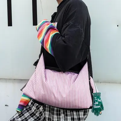 Retro Plaid Canvas Tote Bag, Padded Color-Block Single Shoulder, Large Capacity