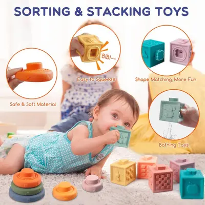Montessori Altersklassifizierung Stapel-Lernspielzeug 6-12 Monate Holzbausteine Xylophon Babyzahnungsspielzeug