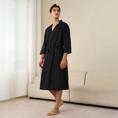 Frühlings- und Sommerbademantel für Frauen, dünner Waffel-Doppel-Nachthemd für Männer und Frauen, sommerlicher dreiviertellanger Ärmel koreanischer Stil Bademantel, absorbierend - 10