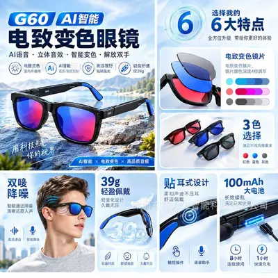 G60 Smart AI Audio Glasses, Electrochromic Touch-Dimming Lenses, Dual Mic, Translation