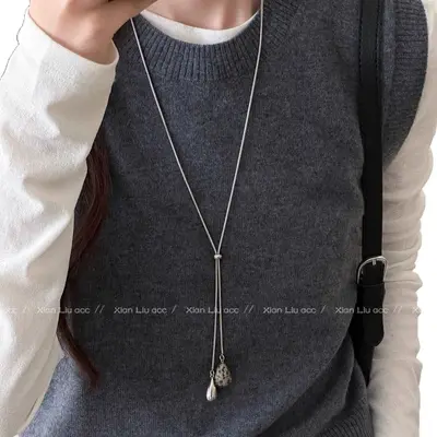 Tiger's eye water drop pull-through necklace, long design, women's accessory - 6