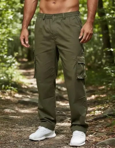 Herren Freizeithose mit mehreren Taschen, lockerer gerader Schnitt, Cargohose - 9