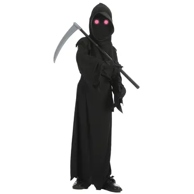 Halloween Children's Red-Eye Grim Reaper Costume with Scythe, Dark Messenger Ghost Cosplay Outfit Set, Stage Costume
