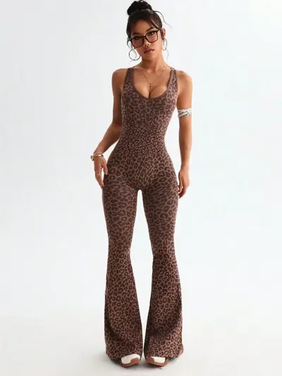 Leopard Print Cross Back Flared One-Piece Yoga Jumpsuit for Women - 6