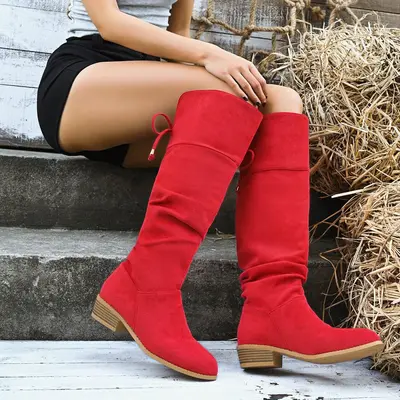 Damenstiefel Übergröße aus Veloursleder, Schnürung hinten, Blockabsatz