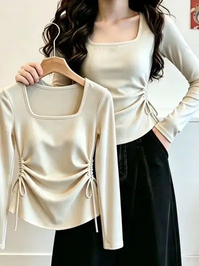 Slimming Square Neck Long Sleeve T-Shirt for Women, 2026 Autumn New Arrival, Irregular Pleated Drawstring Top, Dropshipping Available