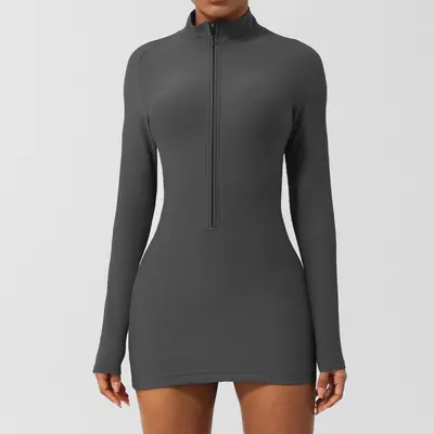 Ribbed Half-Zip Long-Sleeve Sports Jumpsuit Dress for Women - 8