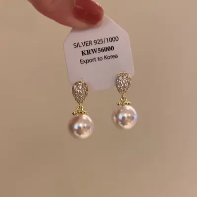 Pearl earrings, S925 silver studs, zircon accents