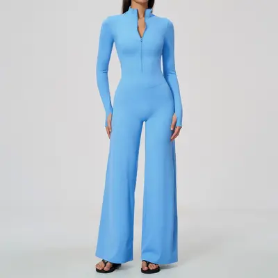 Damen Reißverschluss-Yoga-Overall, langarm, mit weitem Bein - 11
