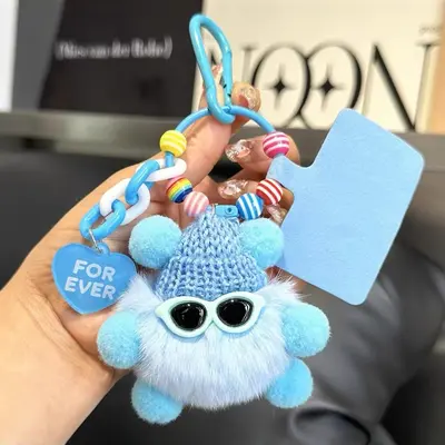 Faux Rabbit Fur Coal Ball Bag Charm and Keychain