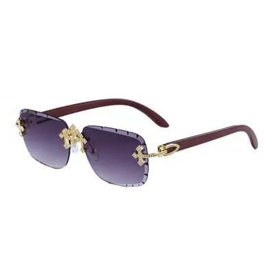 Retro Rimless Men's Sunglasses with Wood-Grain Temples - 10