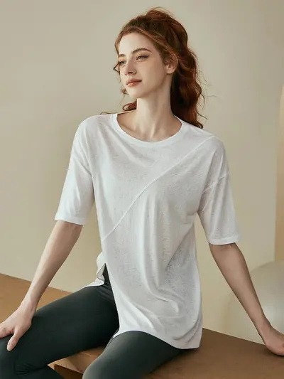Women's Short Sleeve Yoga and Pilates Top, Summer Running Fitness T-Shirt - 5