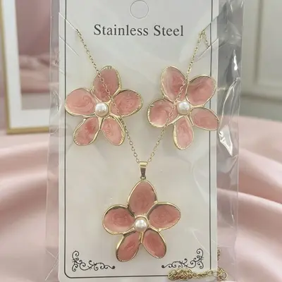 Flower and Water Drop Enamel Earring and Necklace Set, Stainless Steel