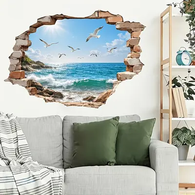 Ocean Wall Sticker with Seagull Design, Realistic Brick Mural for Bedroom and Living Room