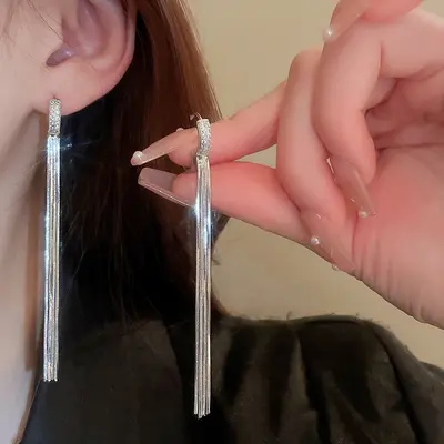 Gümüş iğne gümüş renk minimalist püskül küpe moda ağır metal tarzı küpe niş basit tasarım küpe - 12