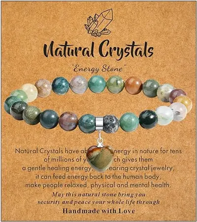 8mm Natural Stone Elastic Beaded Bracelet with Heart Stone Pendant - 12