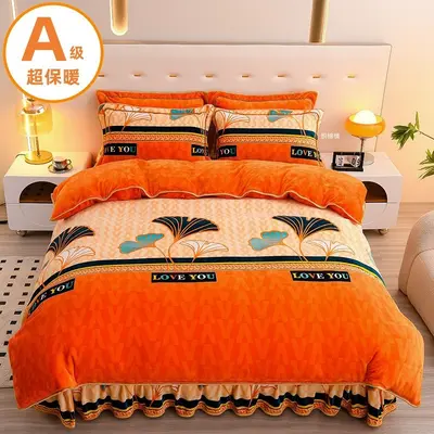 A-grade Thickened Milk Velvet Four-piece Bedding Set with Bed Skirt, Winter Heavyweight Single Bed Sheet, Double-sided Velvet Duvet Cover Three-piece Set A
