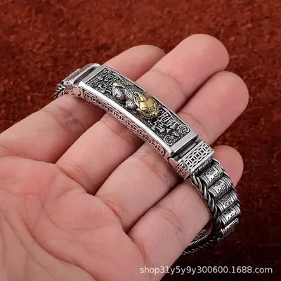 Pixiu silver bracelet, 18 beads, vintage design, wide band - 3