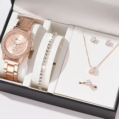 5-piece steel band women's watch set with orange box