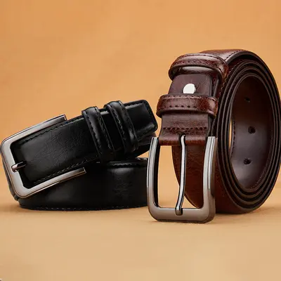 Men's Leather Belt with Pin Buckle, Modern Business and Casual Style
