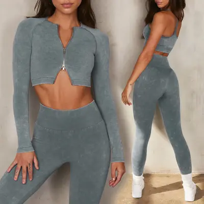 Nahtloses Damen-Yoga-Set Langarm Sandgewaschene Fitnessbekleidung 5-teilig mit Brustpolste - 5