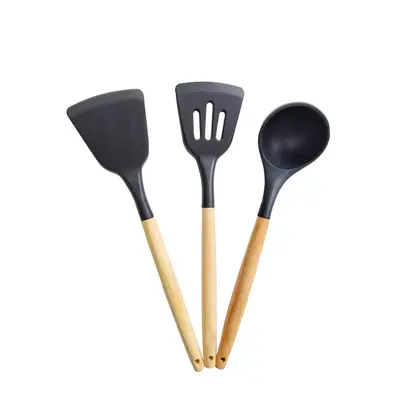 Yeni silikon mutfak gereçleri ahşap saplı çift set yüksek sıcaklığa dayanıklı gıda sınıfı yapışmaz spatula kaşık mutfak eşyaları seti - 4