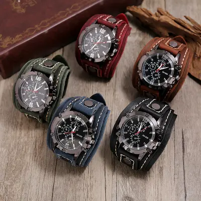 New Fashion Accessory Vintage Handmade Stitched Leather Watch European and American Cross-Border Source Exaggerated Men's Leather Bracelet