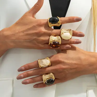 European and American Cross-border Jewelry Vintage Gradient Gemstone Open Ring Ins Retro Geometric Wide Band Ring