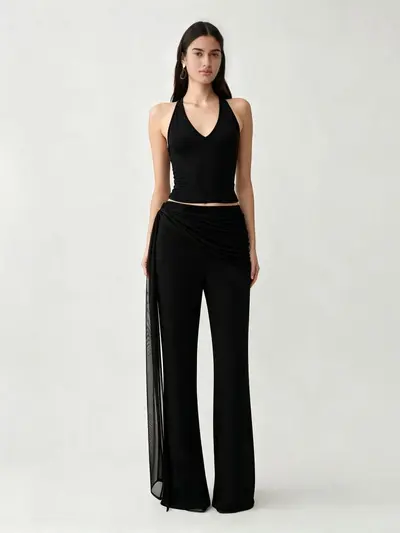 Women's Black Ribbon Detail Micro Flare Pants, Casual Slim Fit