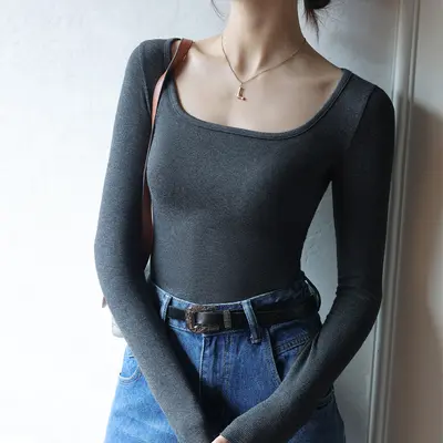 Modal Black Long Sleeve Women's T-Shirt, Low Collar, Korean Style, Autumn Winter 2025 - 10