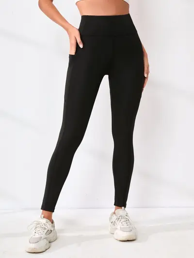 Kadın yüksek bel yoga tayt, düz renk, koşu ve açık hava spor pantolonu