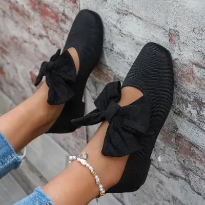 Women's Autumn Bow Knit Square-Toe Flat Shoes, Plus Size