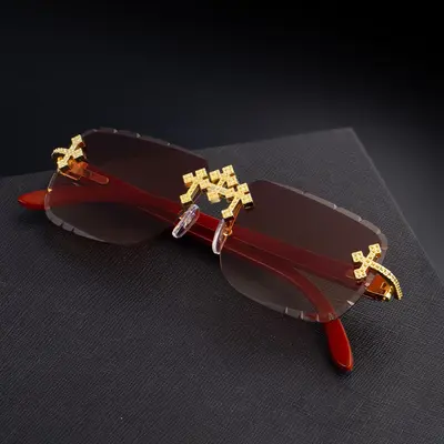Retro Rimless Men's Sunglasses with Wood-Grain Temples - 5