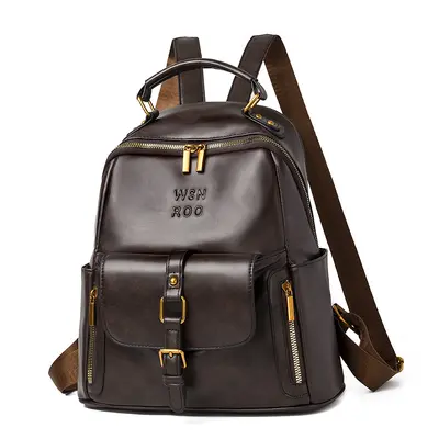 Women's Soft Leather Backpack, Large Capacity Retro School Bag - 7