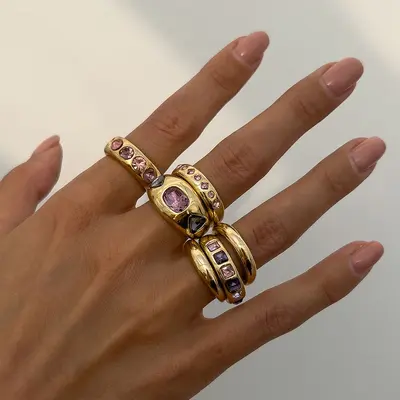 欧美跨境时尚ins风彩色宝石镶嵌戒指套装 金属质感光面指环Rings