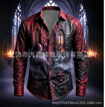 2026 Halloween Castle Crow Retro Design Long Sleeve Men's Shirt - 9
