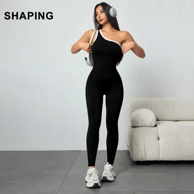 Cross-border European and American Women's Contrast Color Off-Shoulder Jumpsuit Yoga Wear, Peach Hip Full-Length One-Piece Pilates Sports Fitness Wear