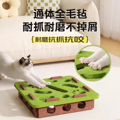 Yavru kedi ve kediler için kedi oyuncağı, kendi kendine eğlence, can sıkıntısı giderici gadget, eğitici labirent, delik delme keçe kutusu, kedi zil topunu alay ediyor.
