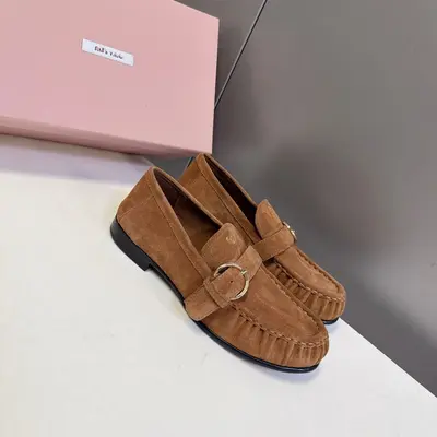 Correct version mi*British Retro Versatile Belt Buckle Small Leather Shoes Chunky Heel Height-Increasing Slip-On Genuine Leather Loafers for Women