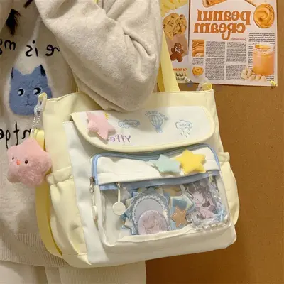 Tatlı işlemeli büyük kapasiteli tote çanta şeffaf çubuk darı ağrı çantası tek omuz öğrenci crossbody çanta kadın sevimli