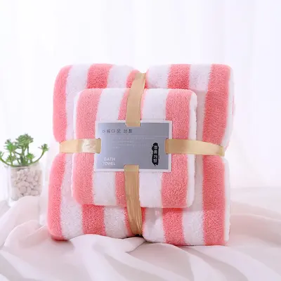 Bath towel set, thickened coral velvet, absorbent, wide stripe
