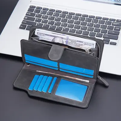 Long Men's Wallet with Multiple Card Slots and Zipper Phone Pocket - 5