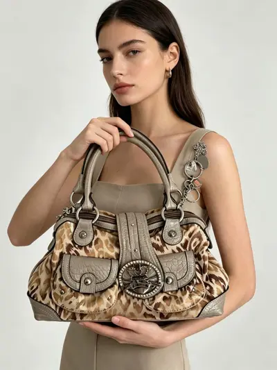 Leopard Print Women's Shoulder Bag, Retro Large Capacity Handbag