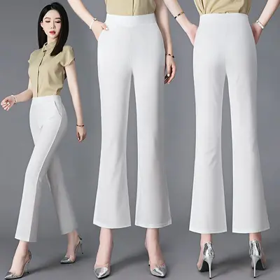 Damen-High-Waist-Hose mit weitem Bein, Weiß, elastisch