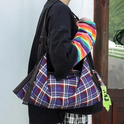 Retro Plaid Canvas Tote Bag, Padded Color-Block Single Shoulder, Large Capacity