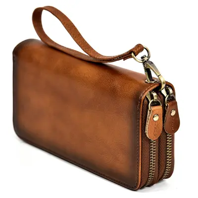 Men's Crazy Horse Leather Long Wallet with Zipper, Double-Layer Cowhide - 1
